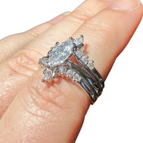 Jewelry - Sterling Silver 3 Piece Marquise CZ Bridal Set Engagement Ring Size 7 Marked NV